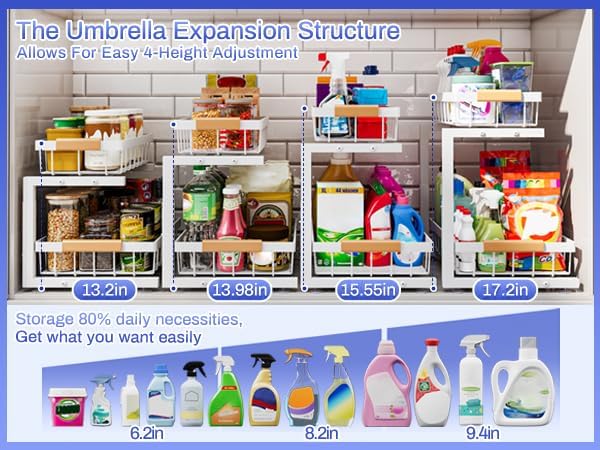 Under Sink Organizer, 2 Pack 2 Tier Expandable Height (13.2" - 17.2") Pull out Kitchen Bathroom Cabinet Organizers and Storage Shelf