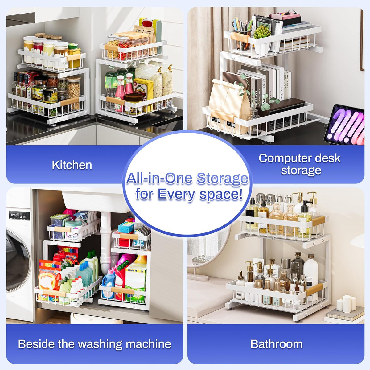 Under Sink Organizer, 2 Pack 2 Tier Expandable Height (13.2" - 17.2") Pull out Kitchen Bathroom Cabinet Organizers and Storage Shelf