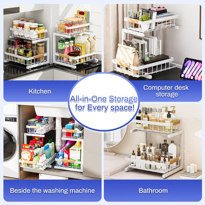 Under Sink Organizer, 2 Pack 2 Tier Expandable Height (13.2" - 17.2") Pull out Kitchen Bathroom Cabinet Organizers and Storage Shelf