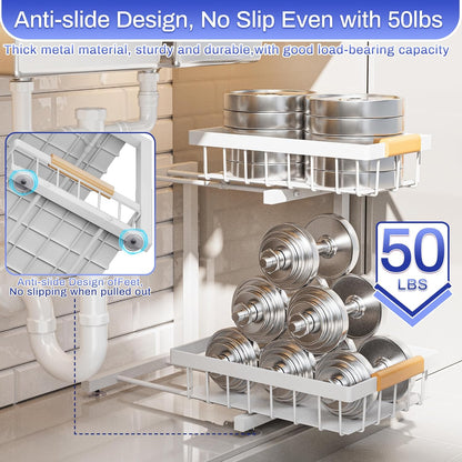 Under Sink Organizer, 2 Pack 2 Tier Expandable Height (13.2" - 17.2") Pull out Kitchen Bathroom Cabinet Organizers and Storage Shelf