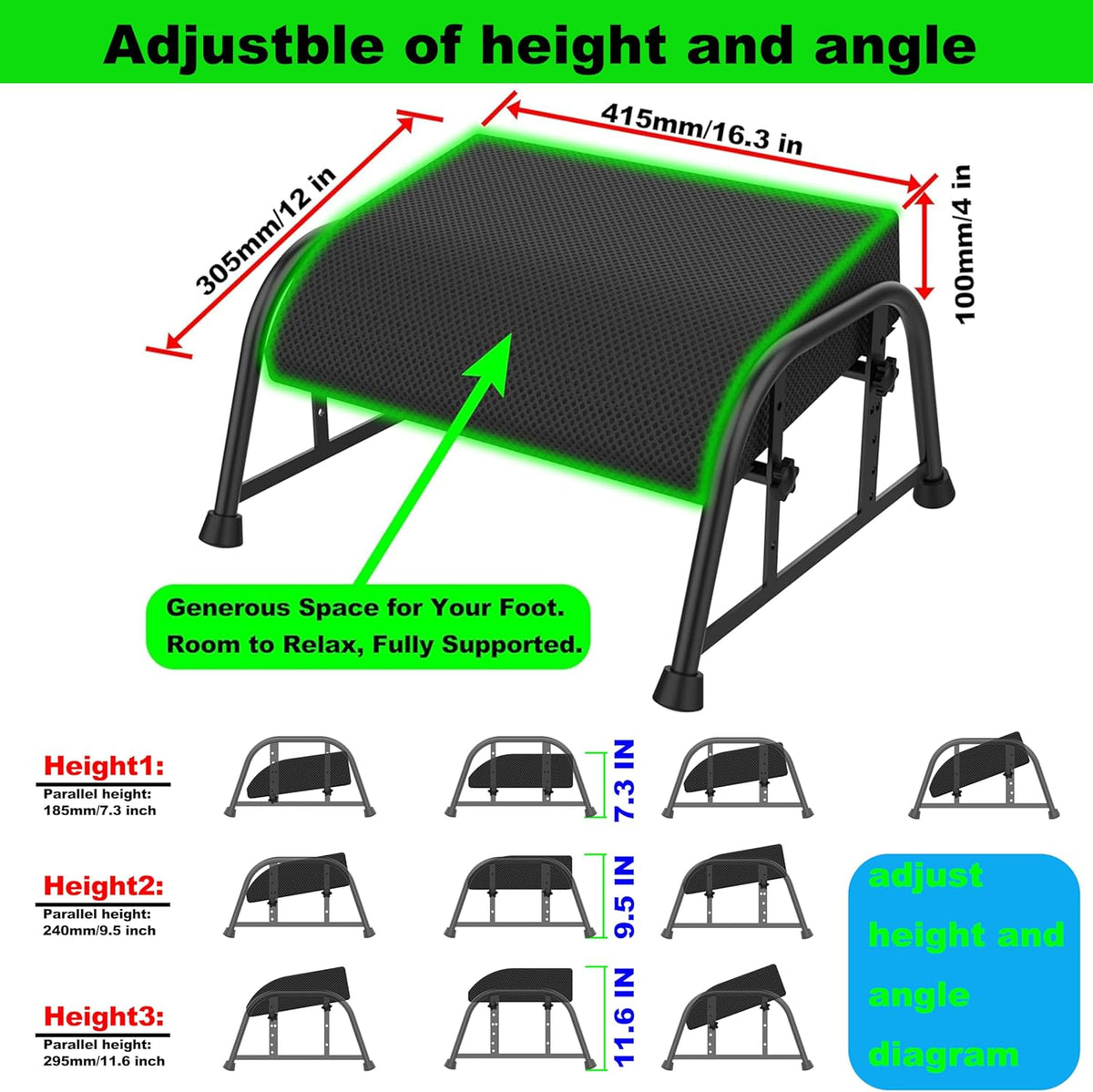 10-Level Adjustable Under Desk Footrest, XL Black Metal Frame