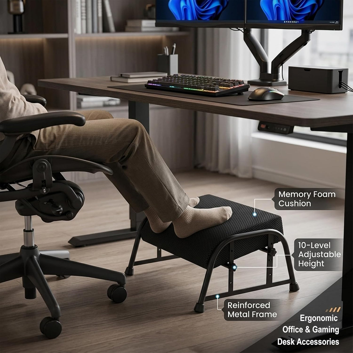 10-Level Adjustable Under Desk Footrest, XL Black Metal Frame