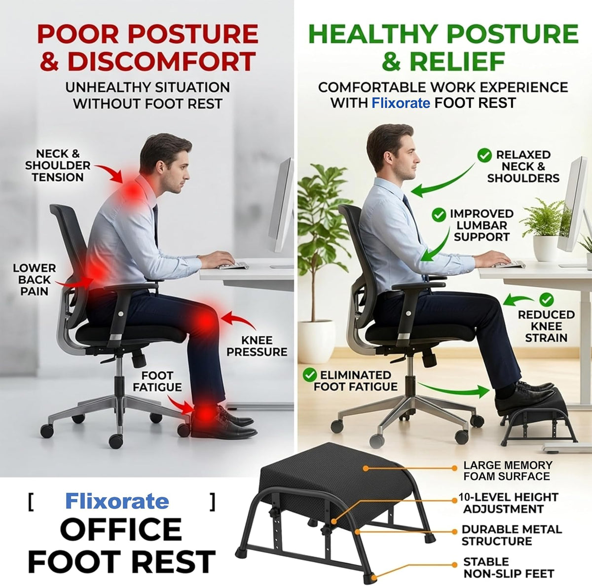10-Level Adjustable Under Desk Footrest, XL Black Metal Frame