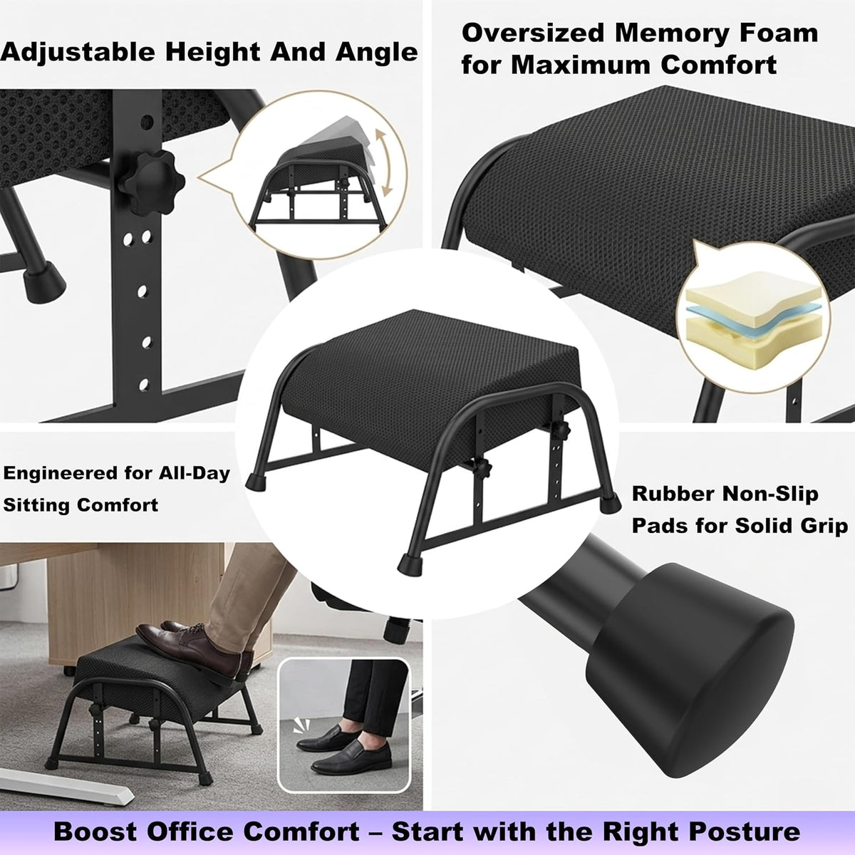 10-Level Adjustable Under Desk Footrest, XL Black Metal Frame