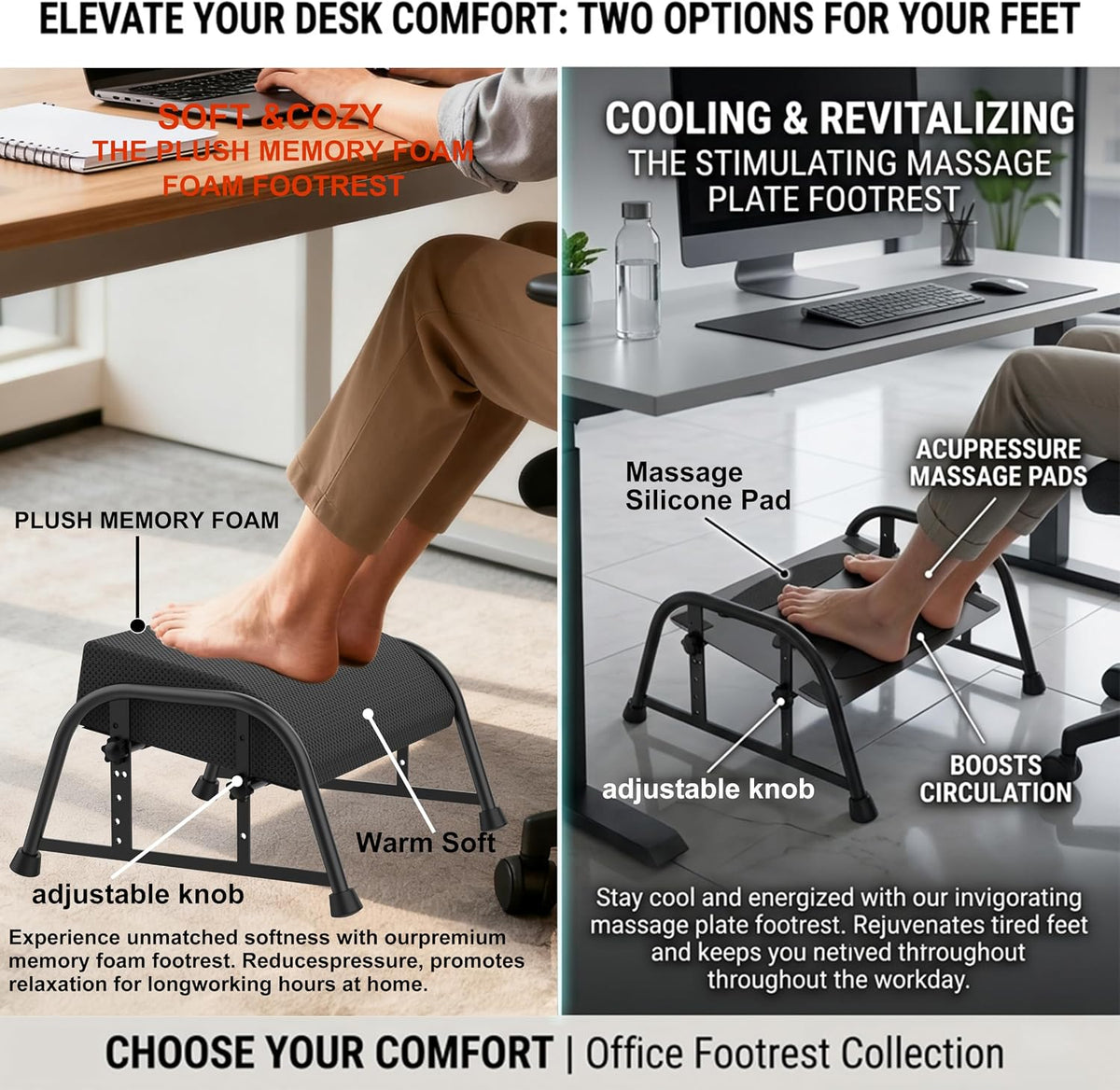 10-Level Adjustable Under Desk Footrest, XL Black Metal Frame
