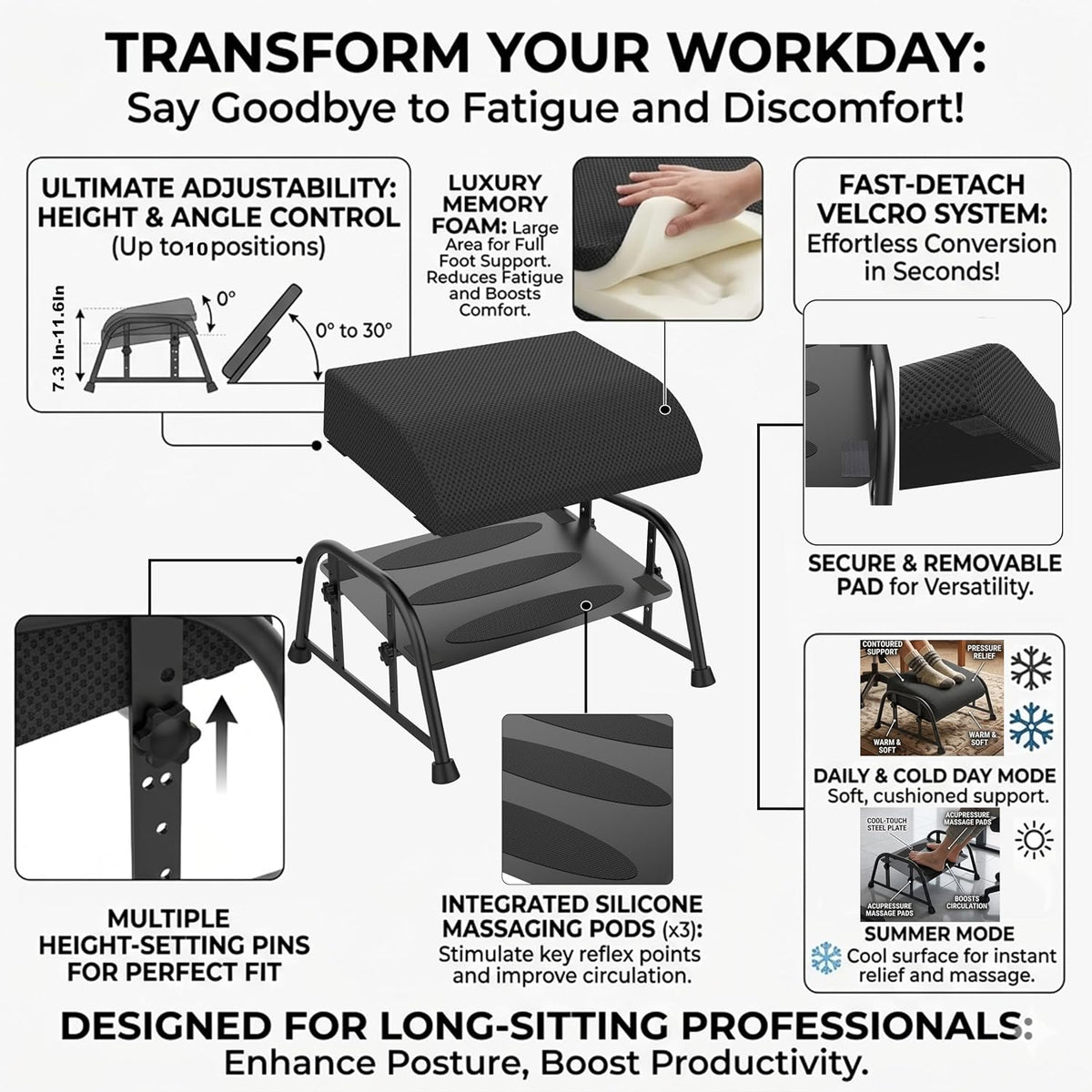10-Level Adjustable Under Desk Footrest, XL Black Metal Frame