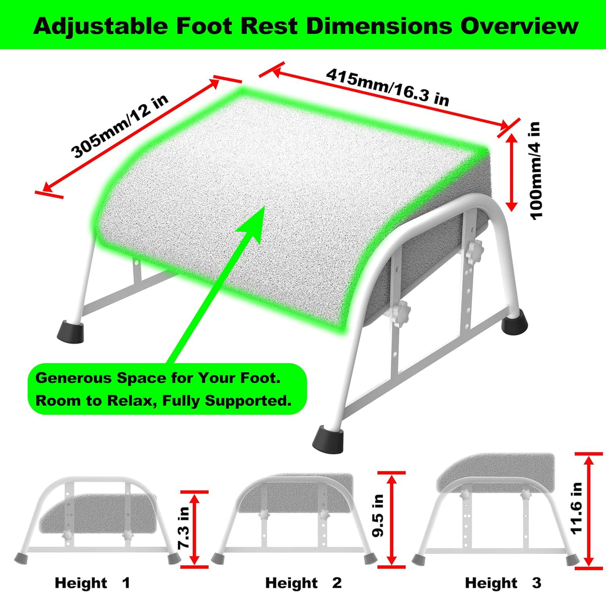 10-Level Adjustable Under Desk Footrest, XL Black Metal Frame