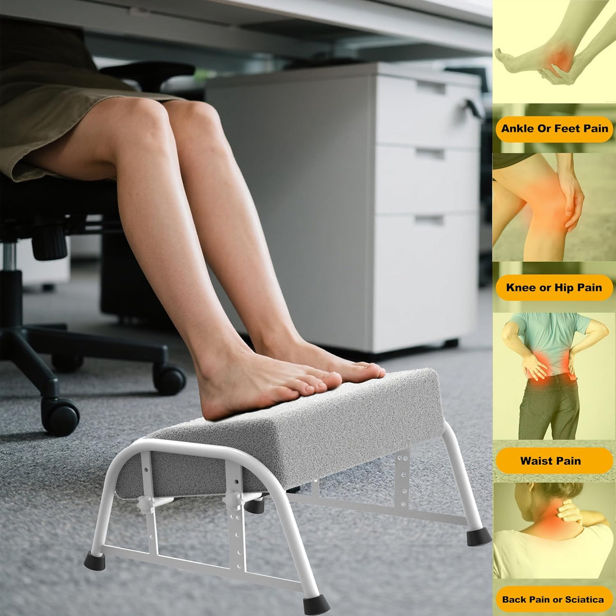 10-Level Adjustable Under Desk Footrest, XL Black Metal Frame