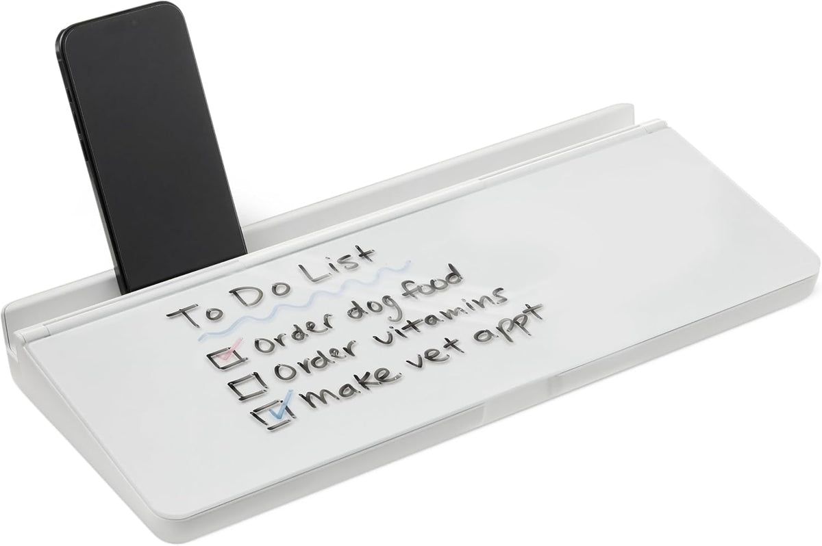 Desktop Dry Erase Whiteboard with Organizer and Accessories, Tempered Glass, 15.7 x 5.4 inches, White