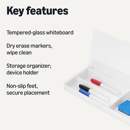 Desktop Dry Erase Whiteboard with Organizer and Accessories, Tempered Glass, 15.7 x 5.4 inches, White