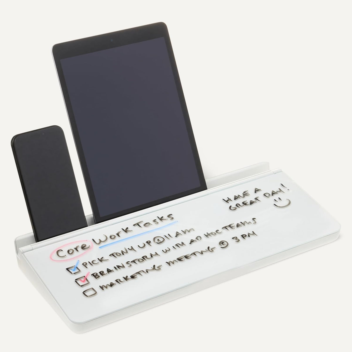 Desktop Dry Erase Whiteboard with Organizer and Accessories, Tempered Glass, 15.7 x 5.4 inches, White