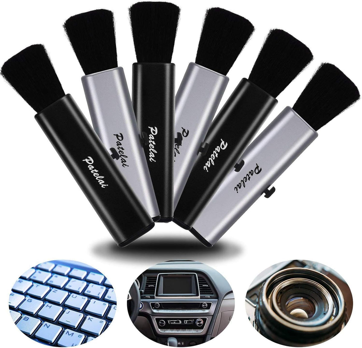 6 Pack Retractable Keyboard Cleaning Brushes, Anti-Static Soft Bristle Mini Electronics Duster for Laptop, Camera, Phone, Car Interior, Black/Silver