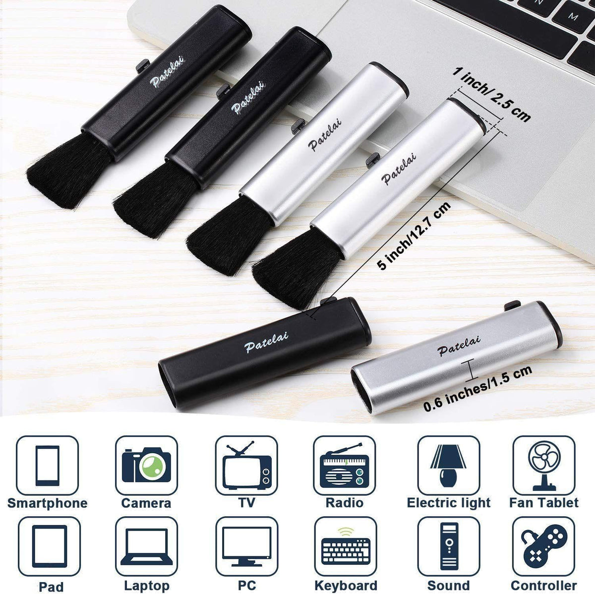 6 Pack Retractable Keyboard Cleaning Brushes, Anti-Static Soft Bristle Mini Electronics Duster for Laptop, Camera, Phone, Car Interior, Black/Silver
