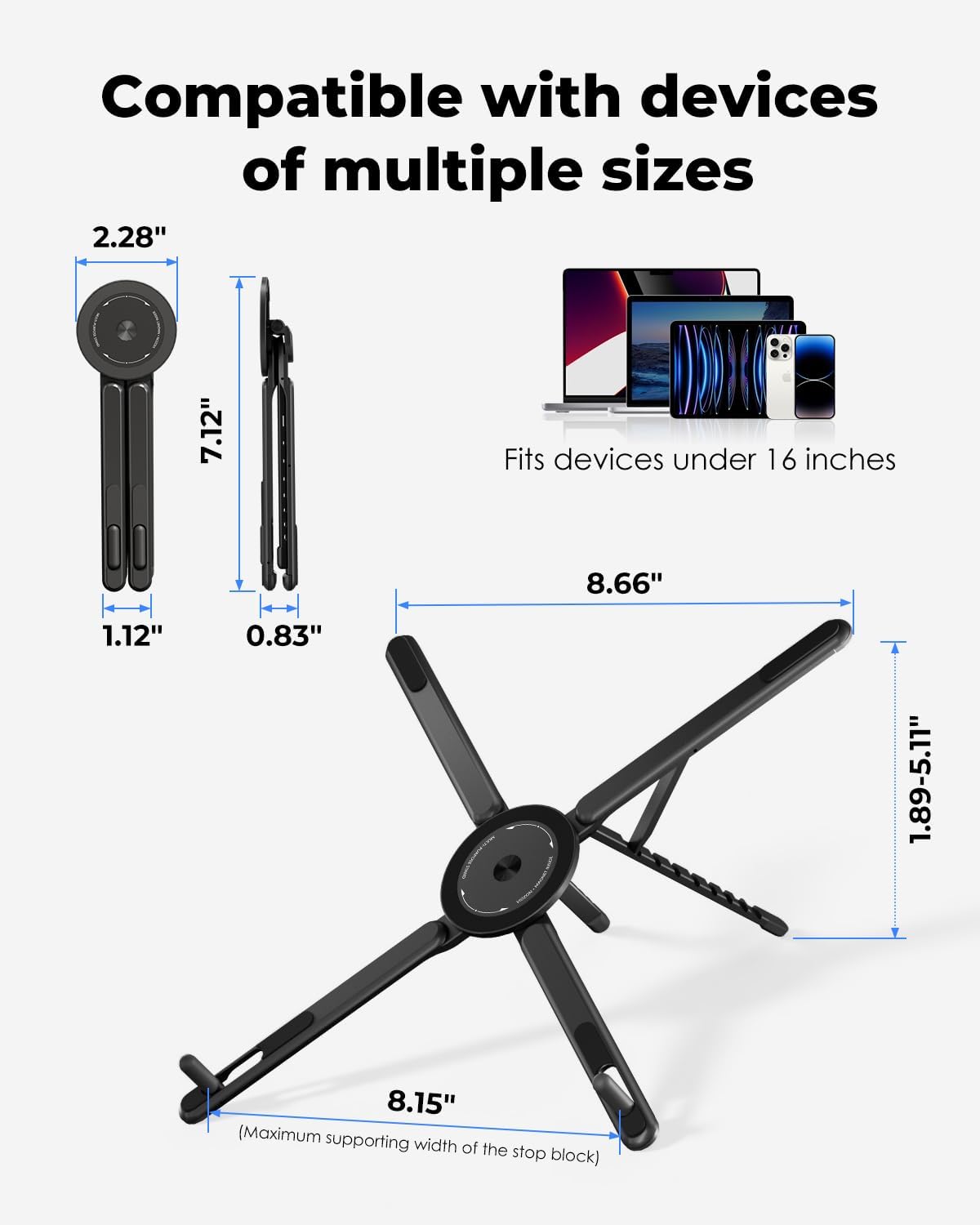 Portable Laptop Stand for Desk, Foldable Adjustable Computer Riser with Magnetic Phone Holder, Aluminum Laptop Stand for 10–16” Laptops & 4–13” Phones/Tablets (Black)