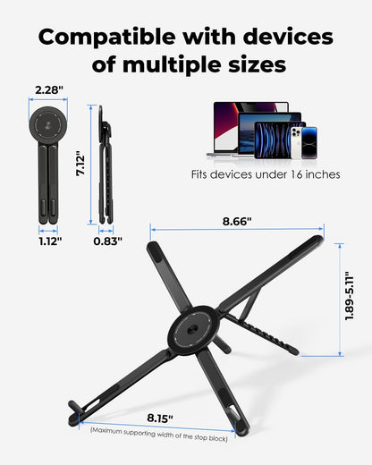 Portable Laptop Stand for Desk, Foldable Adjustable Computer Riser with Magnetic Phone Holder, Aluminum Laptop Stand for 10–16” Laptops & 4–13” Phones/Tablets (Black)