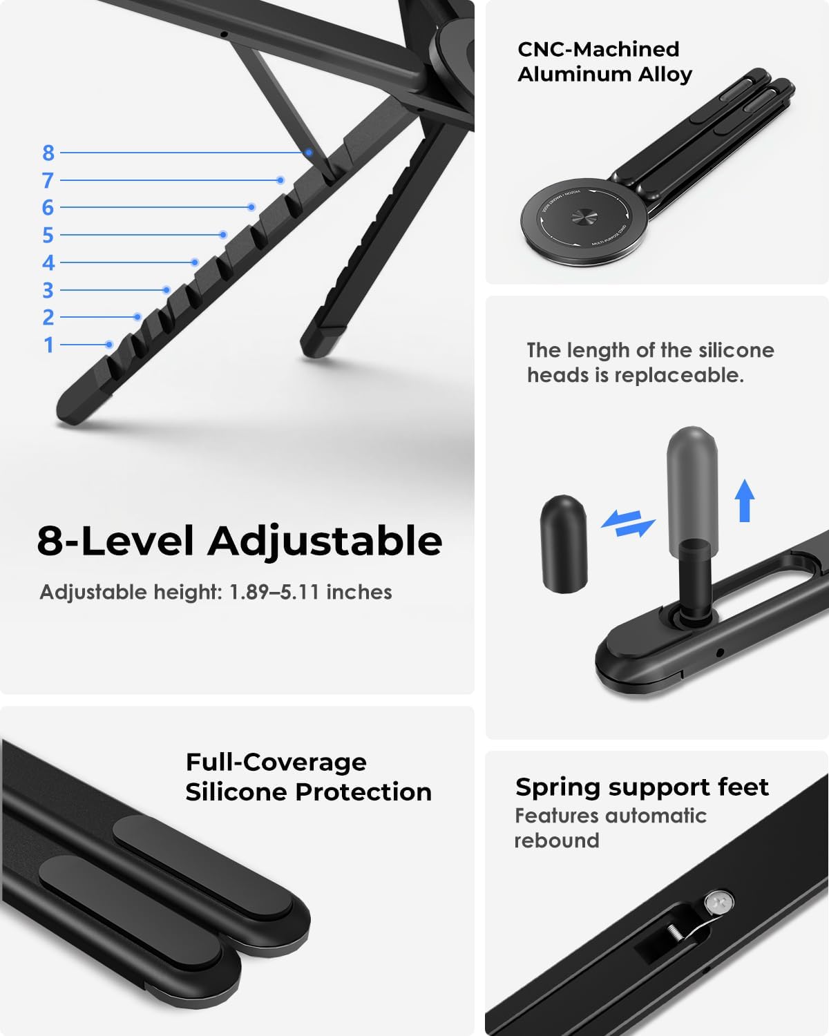 Portable Laptop Stand for Desk, Foldable Adjustable Computer Riser with Magnetic Phone Holder, Aluminum Laptop Stand for 10–16” Laptops & 4–13” Phones/Tablets (Black)