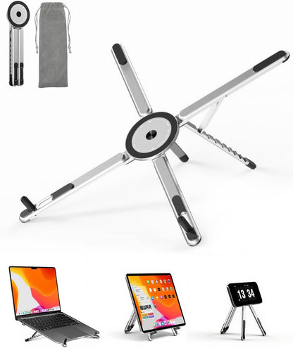 Portable Laptop Stand for Desk, Foldable Adjustable Computer Riser with Magnetic Phone Holder, Aluminum Laptop Stand for 10–16” Laptops & 4–13” Phones/Tablets (Black)