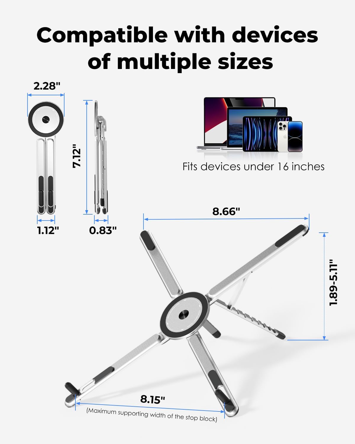 Portable Laptop Stand for Desk, Foldable Adjustable Computer Riser with Magnetic Phone Holder, Aluminum Laptop Stand for 10–16” Laptops & 4–13” Phones/Tablets (Black)