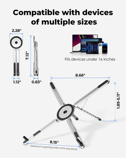 Portable Laptop Stand for Desk, Foldable Adjustable Computer Riser with Magnetic Phone Holder, Aluminum Laptop Stand for 10–16” Laptops & 4–13” Phones/Tablets (Black)