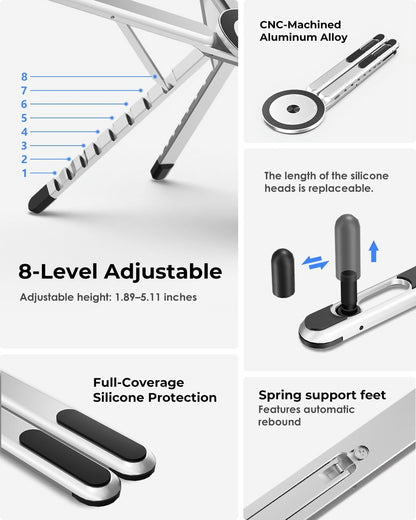 Portable Laptop Stand for Desk, Foldable Adjustable Computer Riser with Magnetic Phone Holder, Aluminum Laptop Stand for 10–16” Laptops & 4–13” Phones/Tablets (Black)