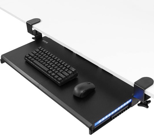 Large Under Desk Keyboard Tray with RGB LED Side Lights, C-clamp Mount, 27 (33 Including Clamps) x 11 inch Slide-Out Platform Computer Drawer for Typing, Carbon Black, MOUNT-KB05EL