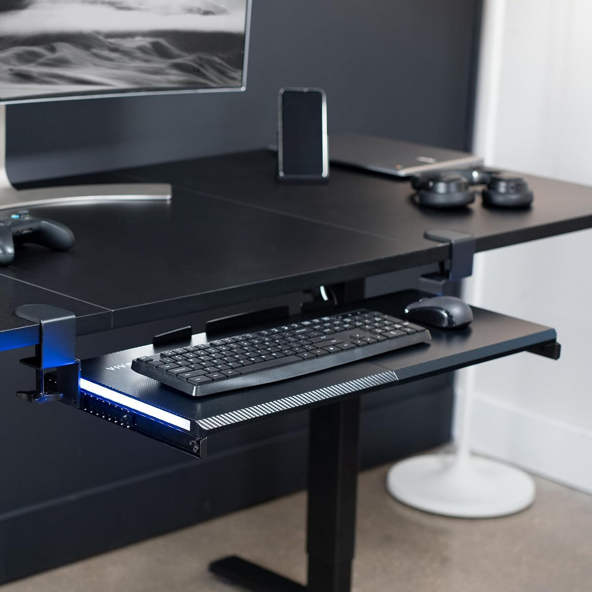 Large Under Desk Keyboard Tray with RGB LED Side Lights, C-clamp Mount, 27 (33 Including Clamps) x 11 inch Slide-Out Platform Computer Drawer for Typing, Carbon Black, MOUNT-KB05EL