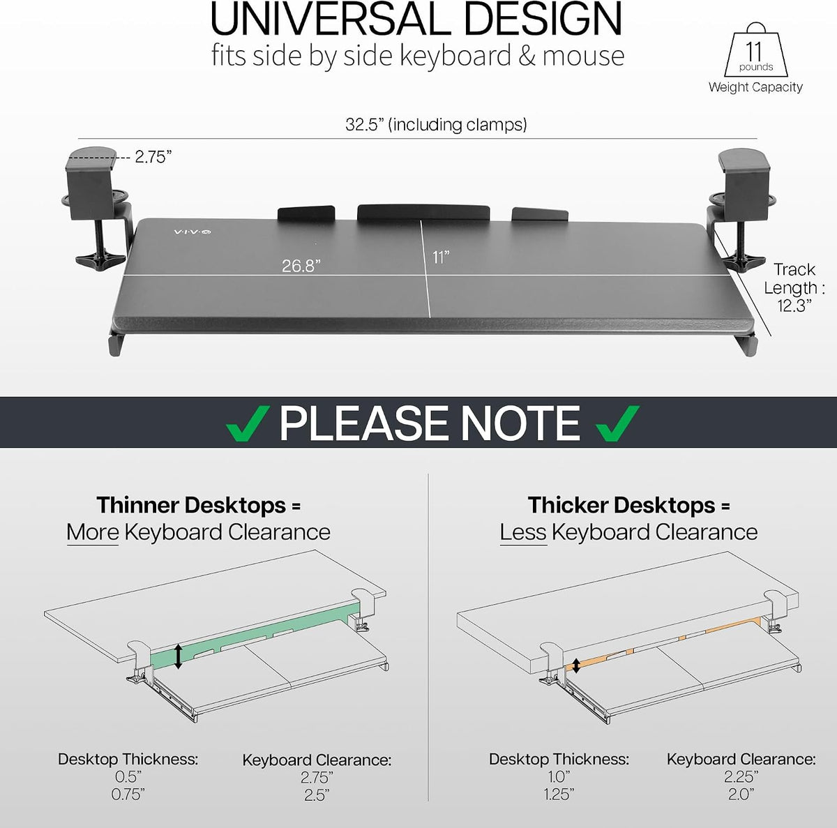 Large Under Desk Keyboard Tray with RGB LED Side Lights, C-clamp Mount, 27 (33 Including Clamps) x 11 inch Slide-Out Platform Computer Drawer for Typing, Carbon Black, MOUNT-KB05EL