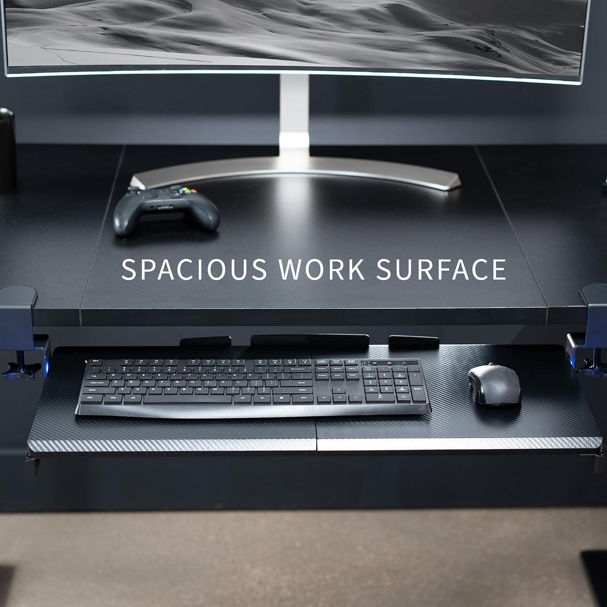 Large Under Desk Keyboard Tray with RGB LED Side Lights, C-clamp Mount, 27 (33 Including Clamps) x 11 inch Slide-Out Platform Computer Drawer for Typing, Carbon Black, MOUNT-KB05EL