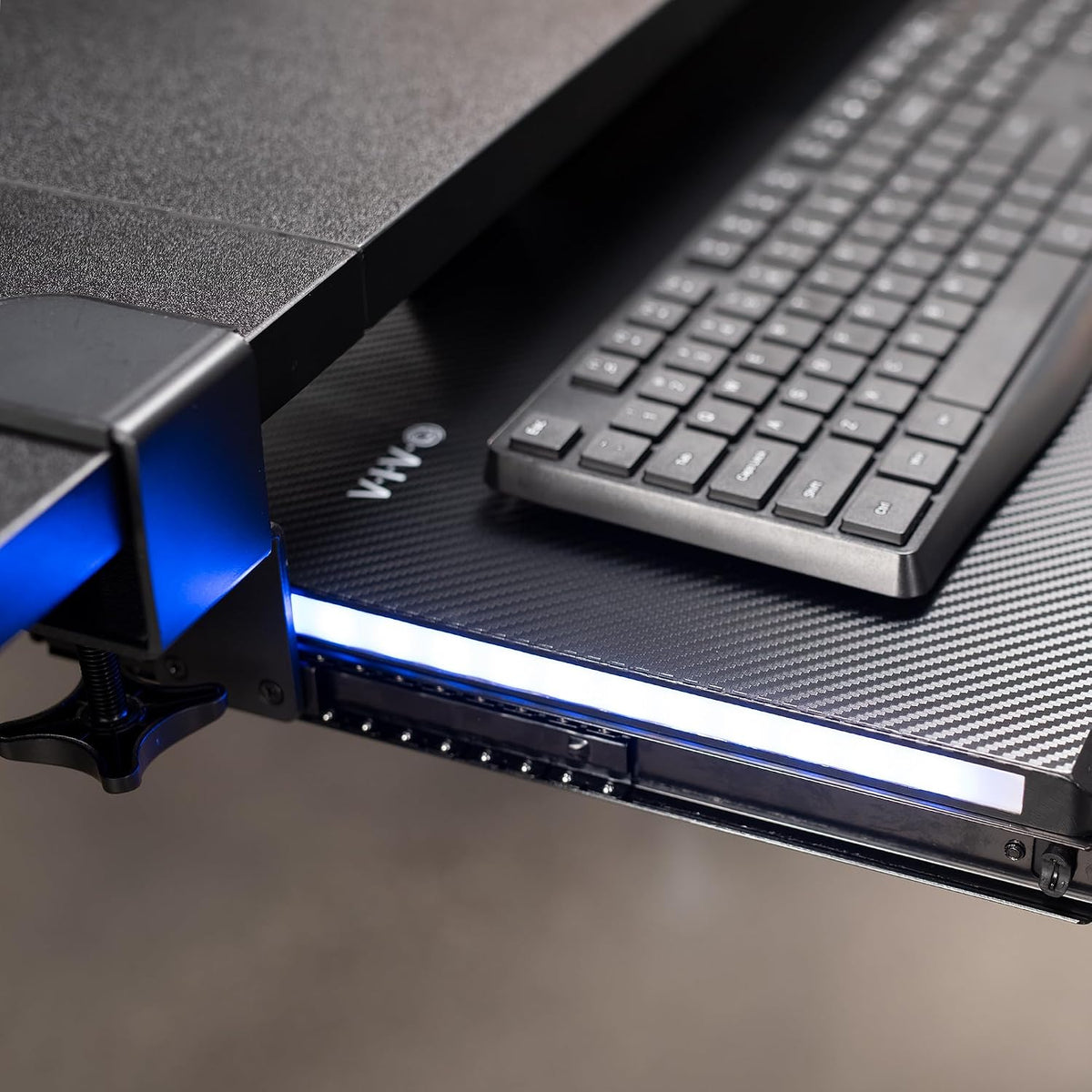 Large Under Desk Keyboard Tray with RGB LED Side Lights, C-clamp Mount, 27 (33 Including Clamps) x 11 inch Slide-Out Platform Computer Drawer for Typing, Carbon Black, MOUNT-KB05EL