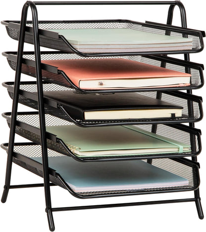 5-Tier Paper Tray Organizer, Vertical Desktop File Storage Rack, Office, Metal Mesh, Black