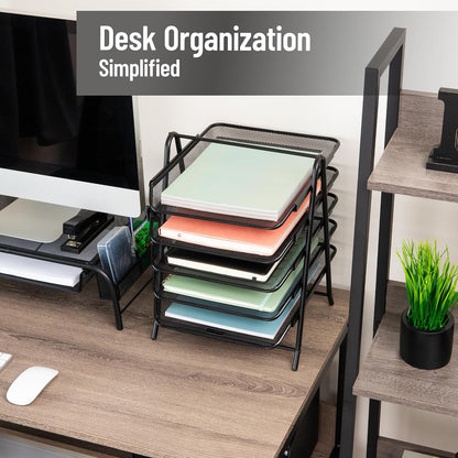 5-Tier Paper Tray Organizer, Vertical Desktop File Storage Rack, Office, Metal Mesh, Black