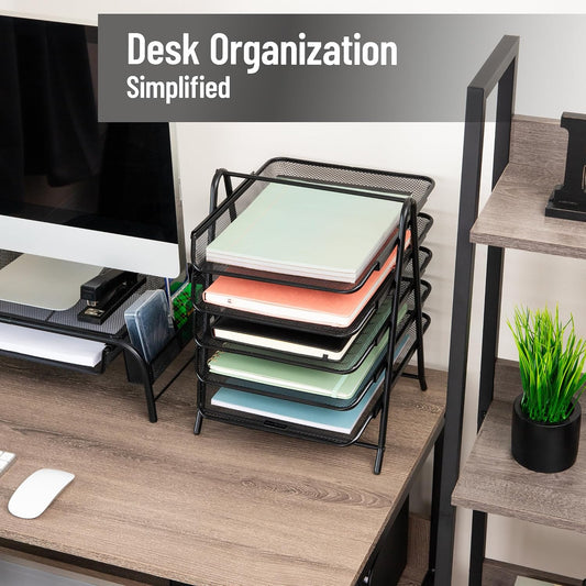 5-Tier Paper Tray Organizer, Vertical Desktop File Storage Rack, Office, Metal Mesh, Black