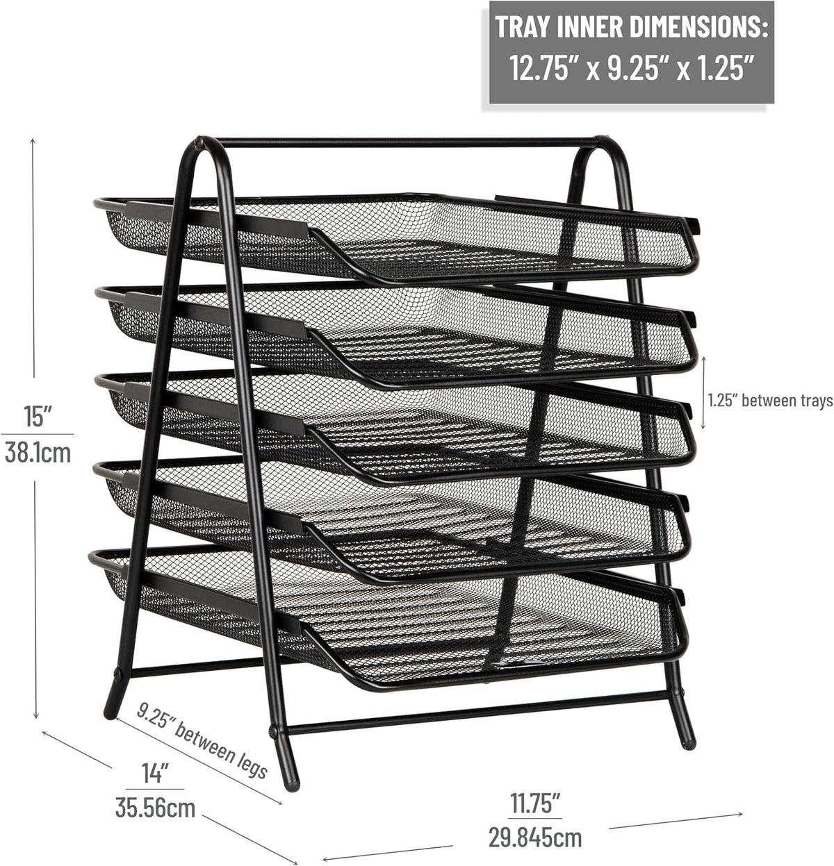5-Tier Paper Tray Organizer, Vertical Desktop File Storage Rack, Office, Metal Mesh, Black