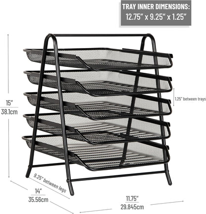 5-Tier Paper Tray Organizer, Vertical Desktop File Storage Rack, Office, Metal Mesh, Black
