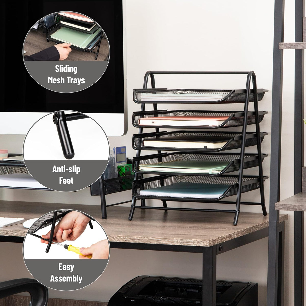5-Tier Paper Tray Organizer, Vertical Desktop File Storage Rack, Office, Metal Mesh, Black