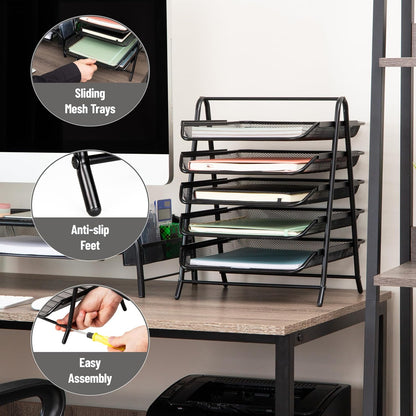 5-Tier Paper Tray Organizer, Vertical Desktop File Storage Rack, Office, Metal Mesh, Black
