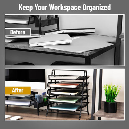 5-Tier Paper Tray Organizer, Vertical Desktop File Storage Rack, Office, Metal Mesh, Black