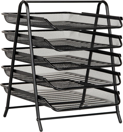 5-Tier Paper Tray Organizer, Vertical Desktop File Storage Rack, Office, Metal Mesh, Black
