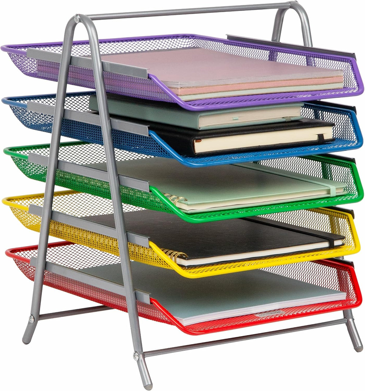 5-Tier Paper Tray Organizer, Vertical Desktop File Storage Rack, Office, Metal Mesh, Black