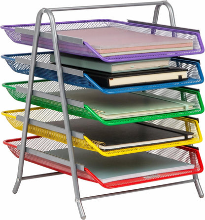5-Tier Paper Tray Organizer, Vertical Desktop File Storage Rack, Office, Metal Mesh, Black