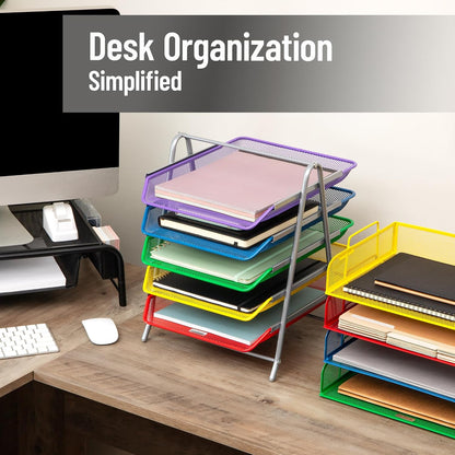 5-Tier Paper Tray Organizer, Vertical Desktop File Storage Rack, Office, Metal Mesh, Black