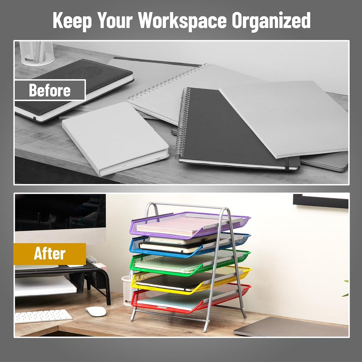 5-Tier Paper Tray Organizer, Vertical Desktop File Storage Rack, Office, Metal Mesh, Black