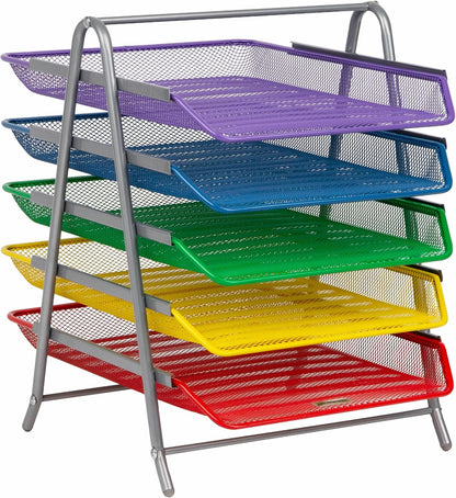 5-Tier Paper Tray Organizer, Vertical Desktop File Storage Rack, Office, Metal Mesh, Black