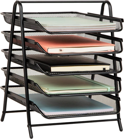 5-Tier Paper Tray Organizer, Vertical Desktop File Storage Rack, Office, Metal Mesh, Black