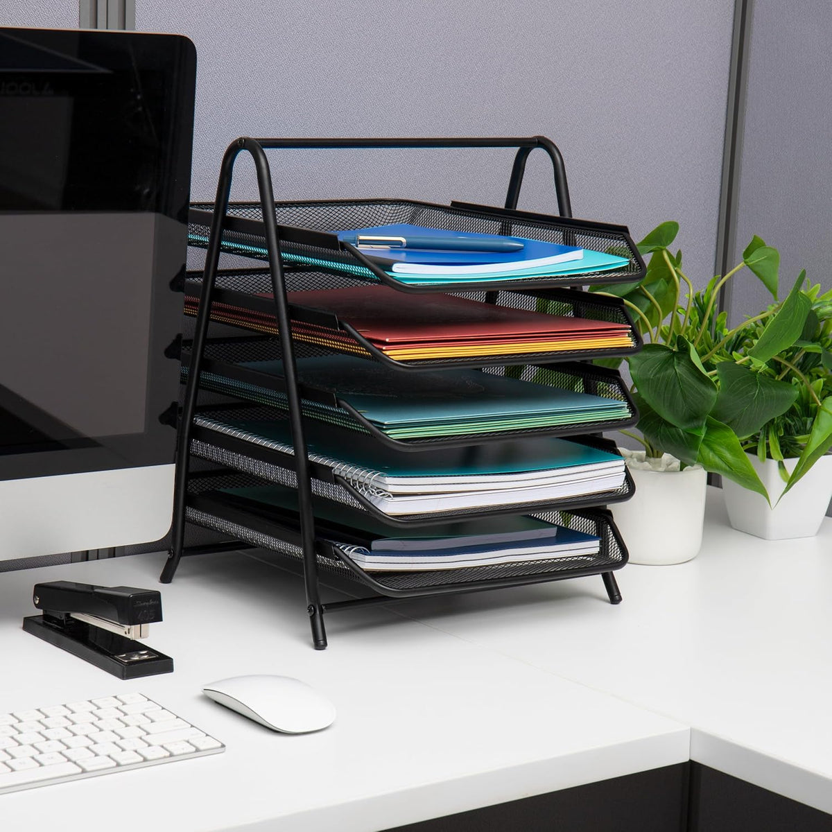 5-Tier Paper Tray Organizer, Vertical Desktop File Storage Rack, Office, Metal Mesh, Black