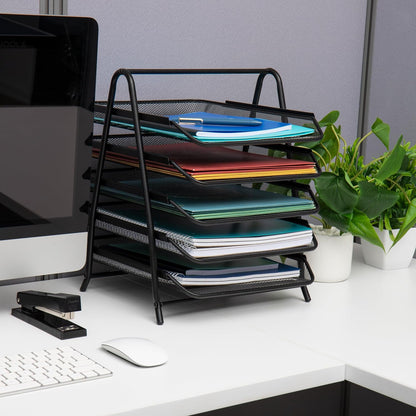 5-Tier Paper Tray Organizer, Vertical Desktop File Storage Rack, Office, Metal Mesh, Black