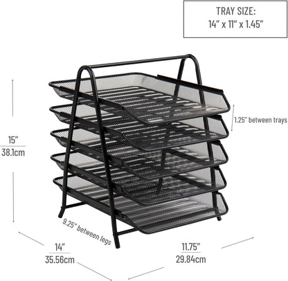 5-Tier Paper Tray Organizer, Vertical Desktop File Storage Rack, Office, Metal Mesh, Black