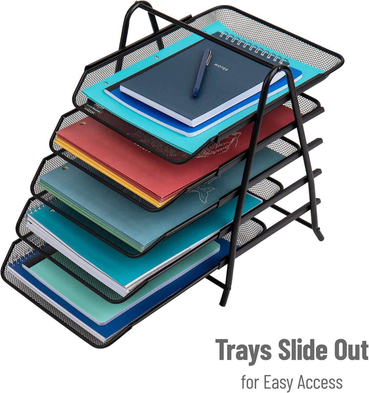 5-Tier Paper Tray Organizer, Vertical Desktop File Storage Rack, Office, Metal Mesh, Black