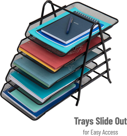 5-Tier Paper Tray Organizer, Vertical Desktop File Storage Rack, Office, Metal Mesh, Black