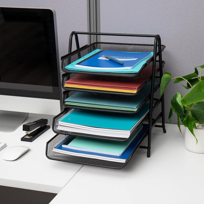 5-Tier Paper Tray Organizer, Vertical Desktop File Storage Rack, Office, Metal Mesh, Black